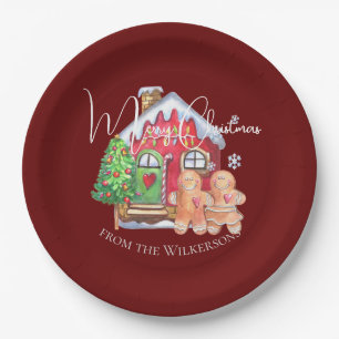 Cute Watercolor Gingerbread People on Burgundy Paper Plate