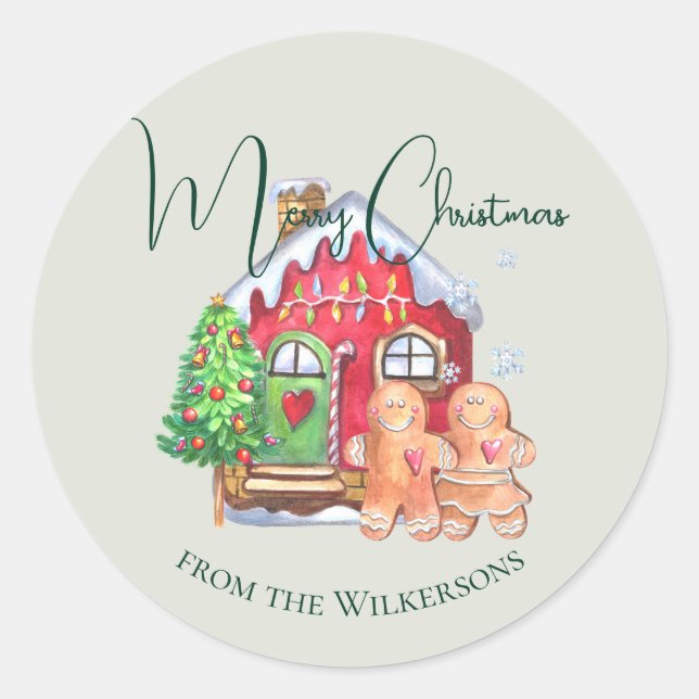 Cute Watercolor Gingerbread People on Sage Classic Round Sticker (Front)