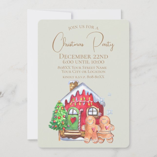 Cute Watercolor Gingerbread People on Sage Invitation (Front)