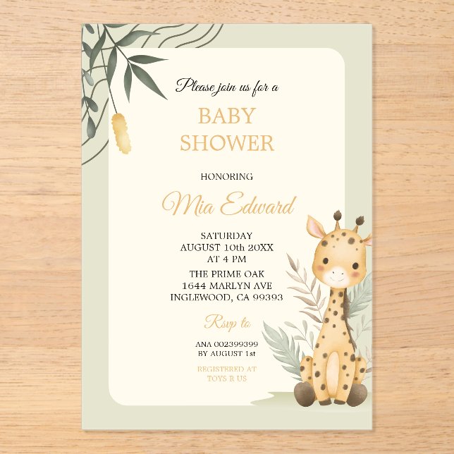 Cute Watercolor Giraffe Baby Shower Design Acrylic Invitations (Front)