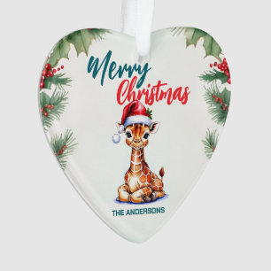 Cute watercolor giraffe Santa Merry Christmas Ornament
