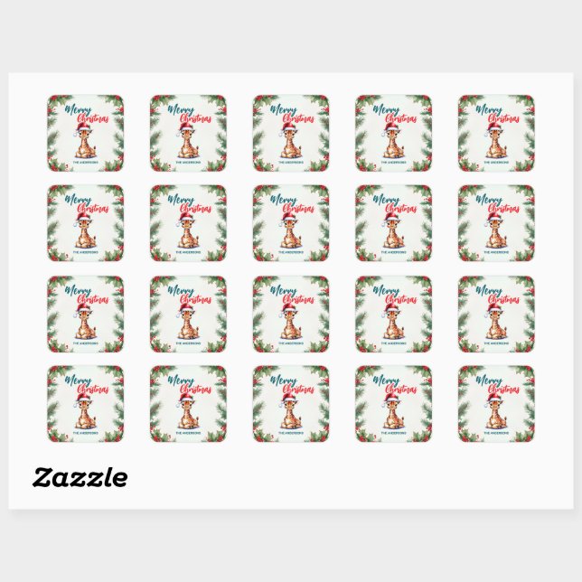 Cute watercolor giraffe Santa  Merry Christmas  Square Sticker (Sheet)