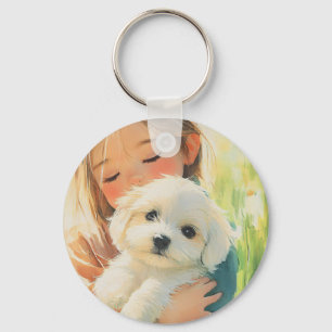Cute Watercolor Girl Maltese Puppy Keychain
