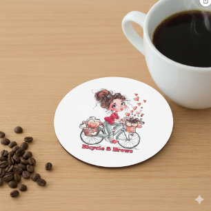 Cute Watercolor Girl on Bicycle Coffee Coaster 