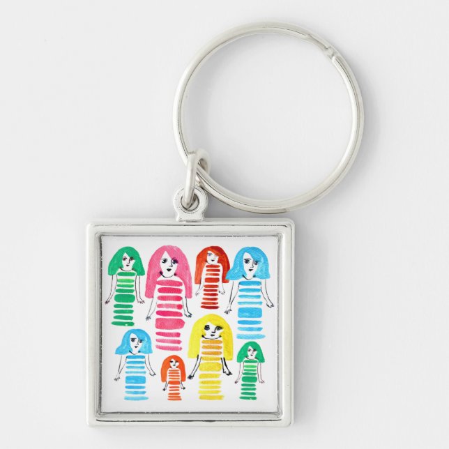Cute watercolor girls funky modern art keychain (Front)