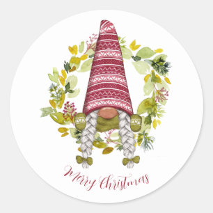 Cute Watercolor Gnome Red Hat Nordic with Wreath   Classic Round Sticker
