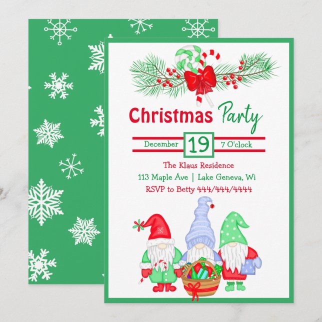Cute Watercolor Gnomes Festive Christmas Party  Invitation (Front/Back)