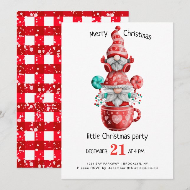 Cute Watercolor  Gnomes Little Christmas Party Inv Invitation (Front/Back)