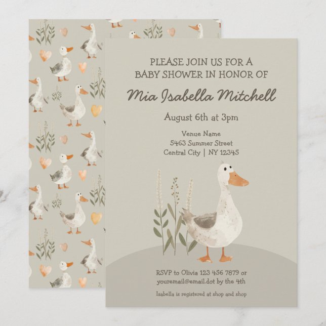 Cute Watercolor Goose Baby Shower Invitation (Front/Back)