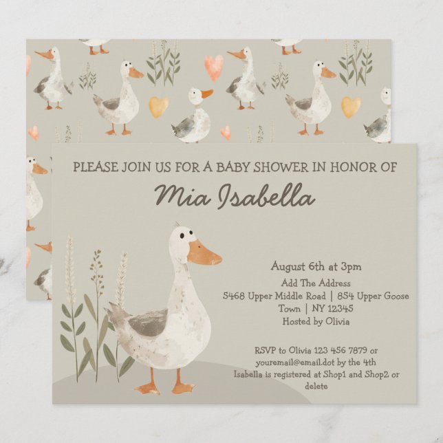 Cute Watercolor Goose Baby Shower Invitation (Front/Back)