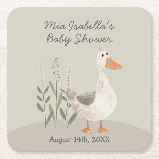 Cute Watercolor Goose Baby Shower Paper Coaster (Front)