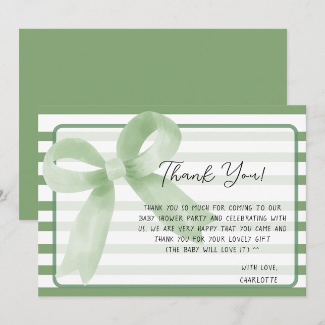 Cute Watercolor Green Bow Baby Shower Thank You Card (Front/Back)
