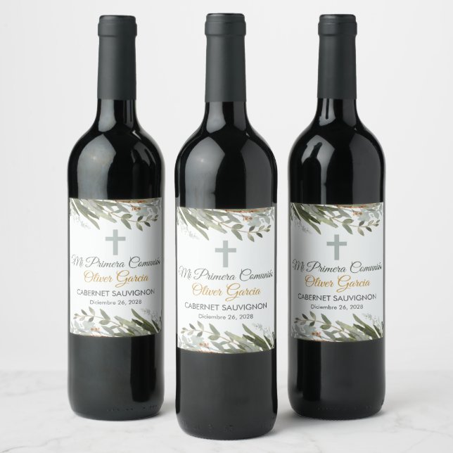 Cute Watercolor Greenery Spanish First Communion  Wine Label (Bottles)