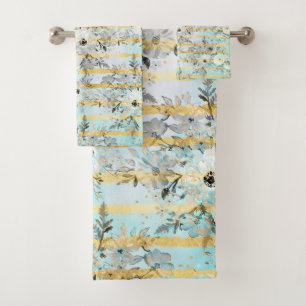 Cute watercolor grey floral and stripes design bath towel set