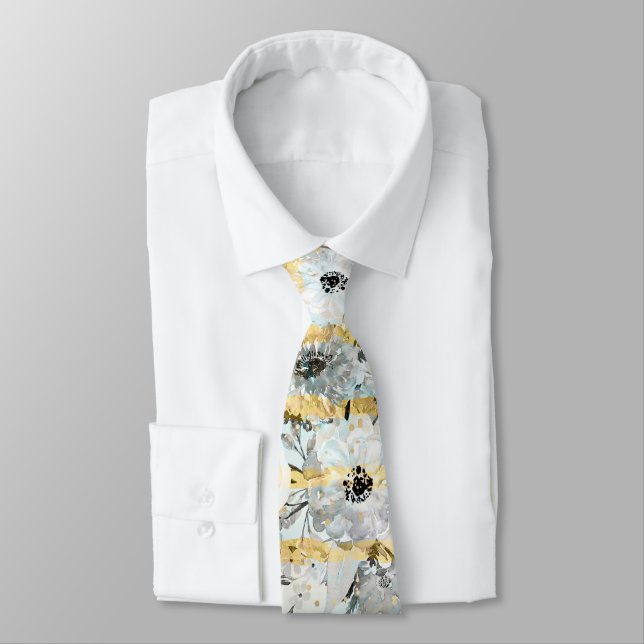 Cute watercolor grey floral and stripes design tie (Tied)