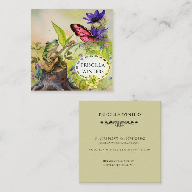 Cute Watercolor Guitar Frog Butterfly Square Business Card (Front/Back)