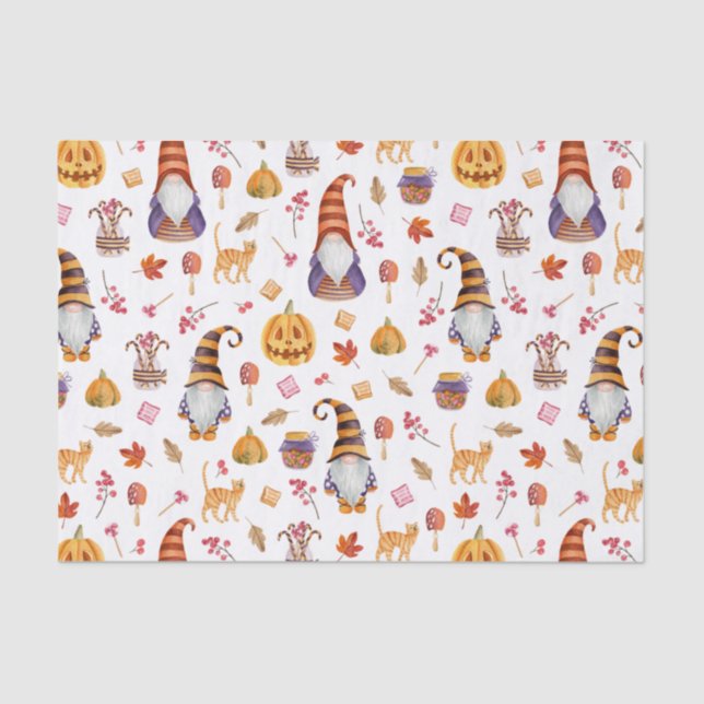 Cute Watercolor Halloween Gnomes, Pumpkins and Cat Tissue Paper (Front)