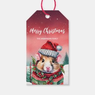 Cute watercolor Hamster Santa Christmas party kid Gift Tags