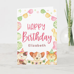 Cute Watercolor Happy Birthday Animal Party Kid Card