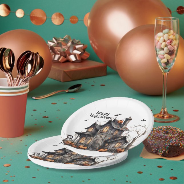 Cute Watercolor Haunted House Halloween Paper Plate (Multi)