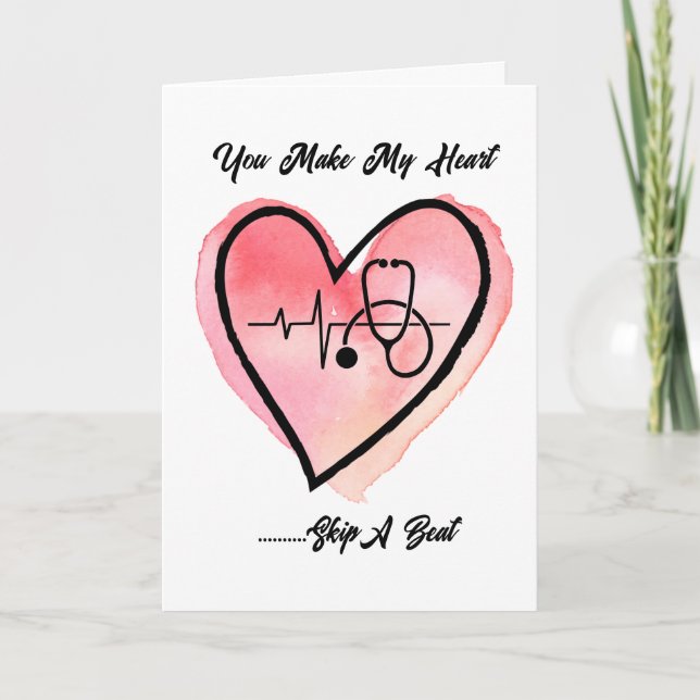 Cute Watercolor Heart Doctor Valentines Day  Holiday Card (Front)