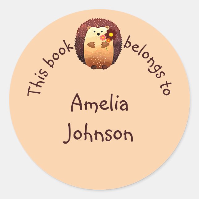 Cute Watercolor Hedgehog Animal Book Plate Classic Round Sticker (Front)