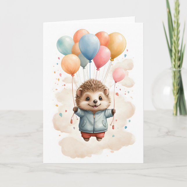 Cute Watercolor Hedgehog Floating in the Air Blank Card (Front)