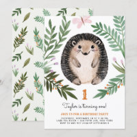 Cute Watercolor Hedgehog Greenery First Birthday