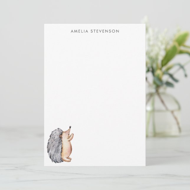Cute Watercolor Hedgehog Personalized Stationery Card (Standing Front)