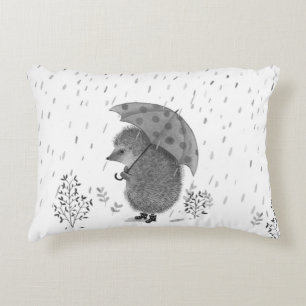 Cute Watercolor Hedgehog Rainy Day Whimsical Accent Pillow