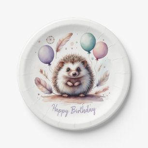 Cute Watercolor Hedgehog with Balloons Birthday Paper Plate