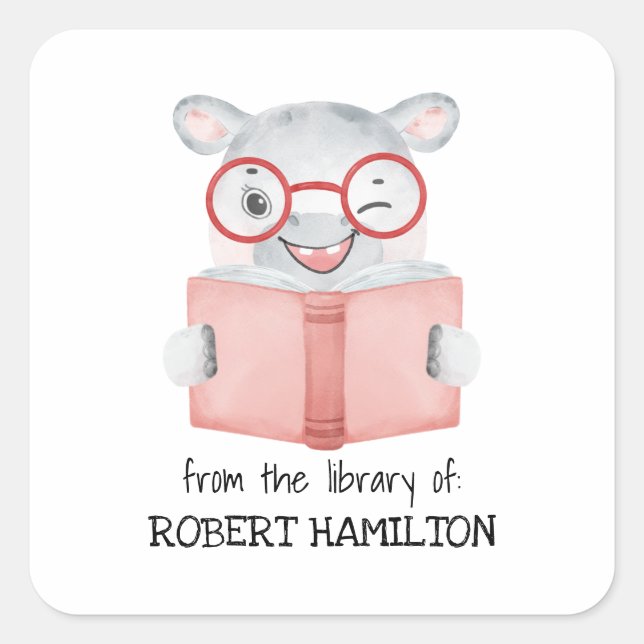 CUTE WATERCOLOR HIPPO READING BOOK BOOKPLATE SQUARE STICKER (Front)