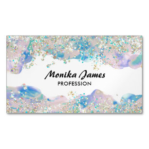 Cute Watercolor Holographic Faux Glitter Monogram Magnetic Business Card