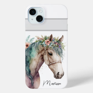 Cute Watercolor Horse Customizable Name iPhone 15 Mini Case