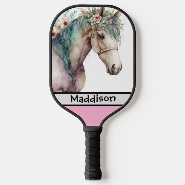 Cute Watercolor Horse Customizable Name  Pickleball Paddle (Front)