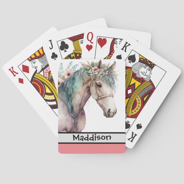 Cute Watercolor Horse Customizable Name  Playing Cards (Back)