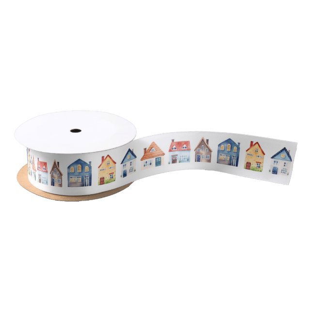 Cute Watercolor Houses  Satin Ribbon (Spool)