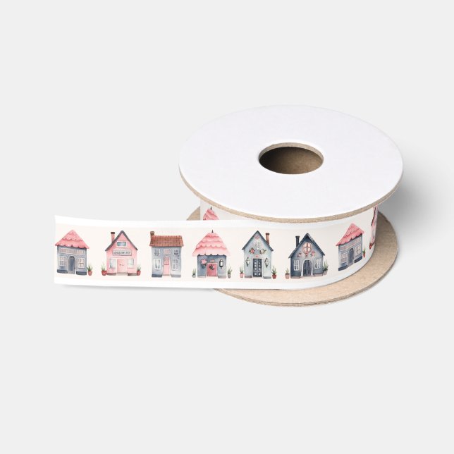 Cute Watercolor Houses  Satin Ribbon (Spool)