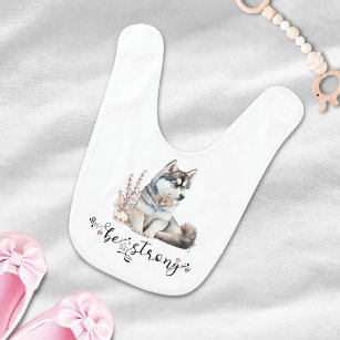 Cute Watercolor Husky be strong calligraphy Bib
