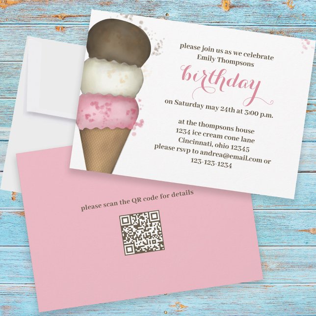 Cute Watercolor Ice Cream Cone Birthday QR Code Invitation (Creator Uploaded)