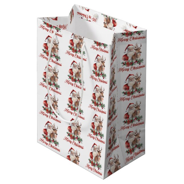Cute watercolor illustration at Santa reindeer Medium Gift Bag (Front Angled)