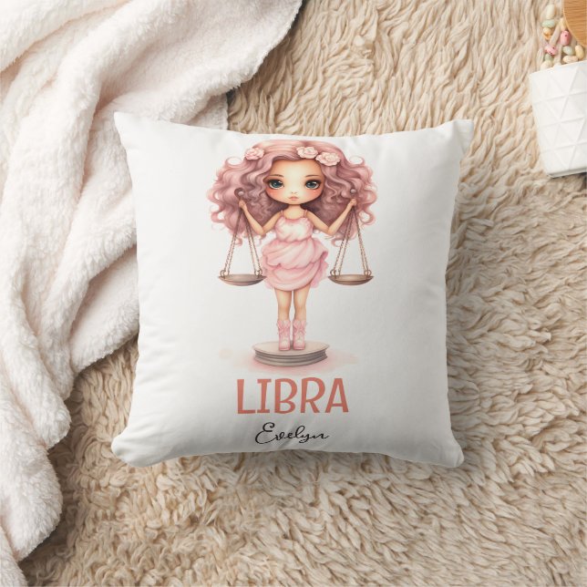 Cute Watercolor Illustration Libra Zodiac Name Throw Pillow (Blanket)