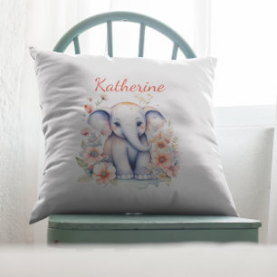 Cute Watercolor Illustration of a Baby Elephant Throw Pillow