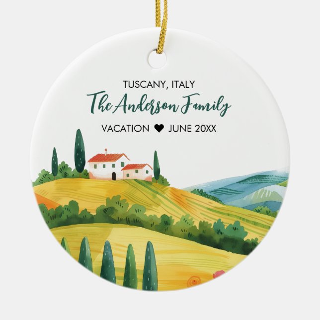 Cute Watercolor Illustration of Tuscany Italy Ceramic Ornament (Front)