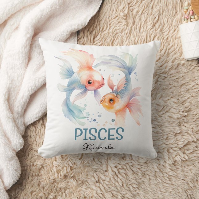 Cute Watercolor Illustration Pisces Zodiac Name Throw Pillow (Blanket)