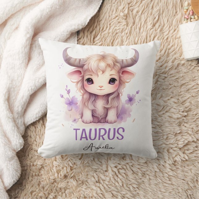 Cute Watercolor Illustration Taurus Zodiac Name Throw Pillow (Blanket)