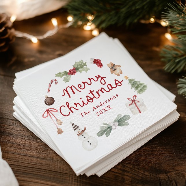 Cute Watercolor Illustrations Merry Christmas Napkin (Creator Uploaded)