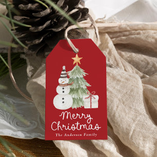 Cute Watercolor Illustrations Red Merry Christmas Gift Tags