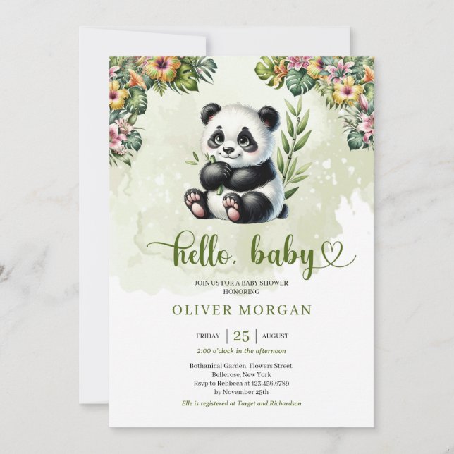 Cute watercolor jungle baby panda tropical flowers invitation (Front)