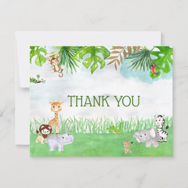 Cute Watercolor Jungle Safari Animals Thank You Invitation (Front)
